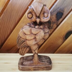 Vintage Hand Carved Wooden Owl Sculpture